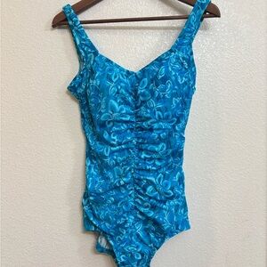Maxine of Hollywood Blue Floral One Piece Swimsuit Ruched Tropical Coastal Core